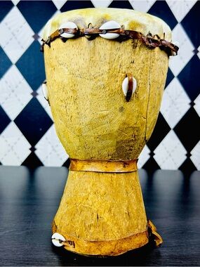 Handcrafted Wood Djembe Drum Cowrie Shell and Cow Hide Bohemian Music Decor